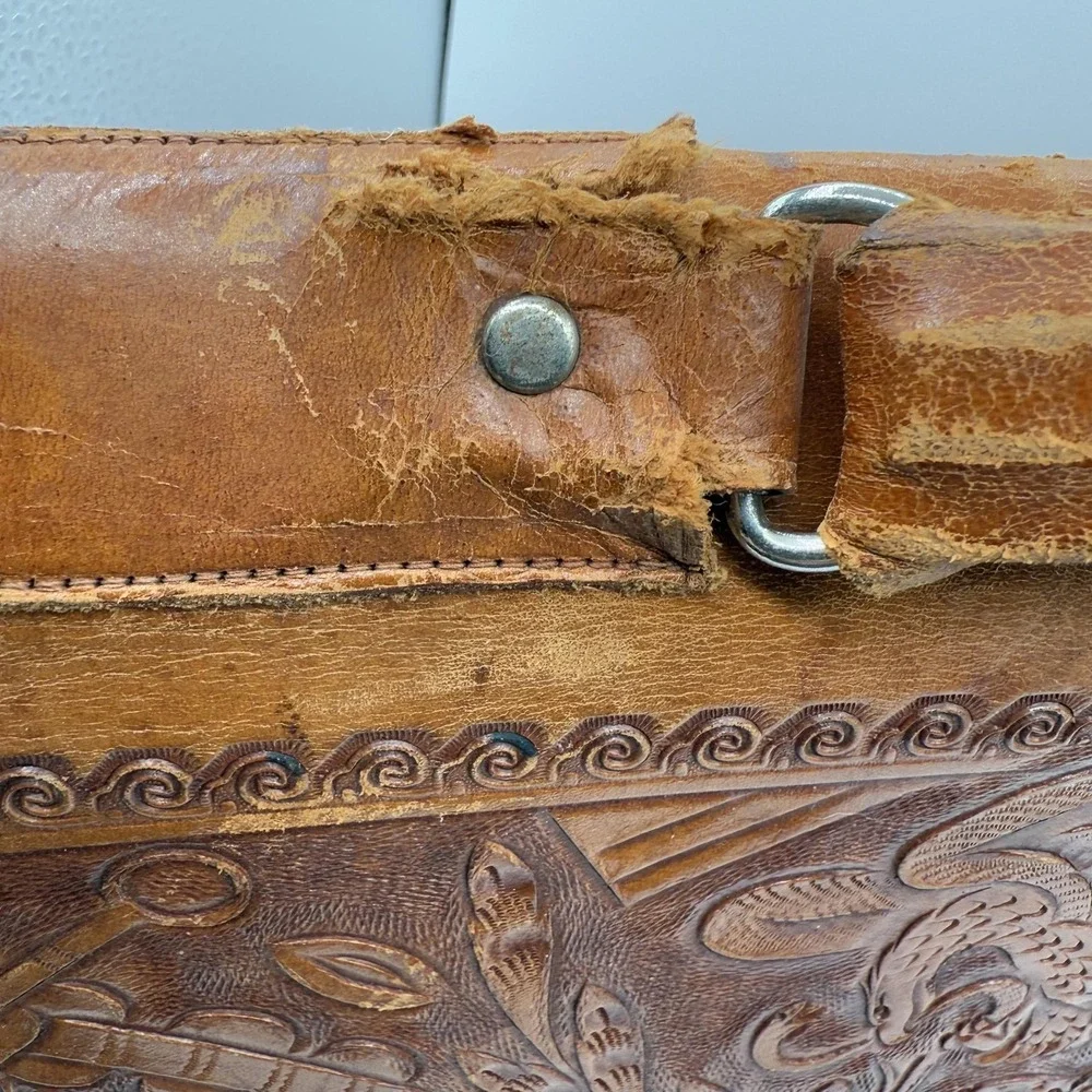 Vintage House of Uppenheim Tooled Leather Briefcase Brown Aztec Eagle Mexico Bag